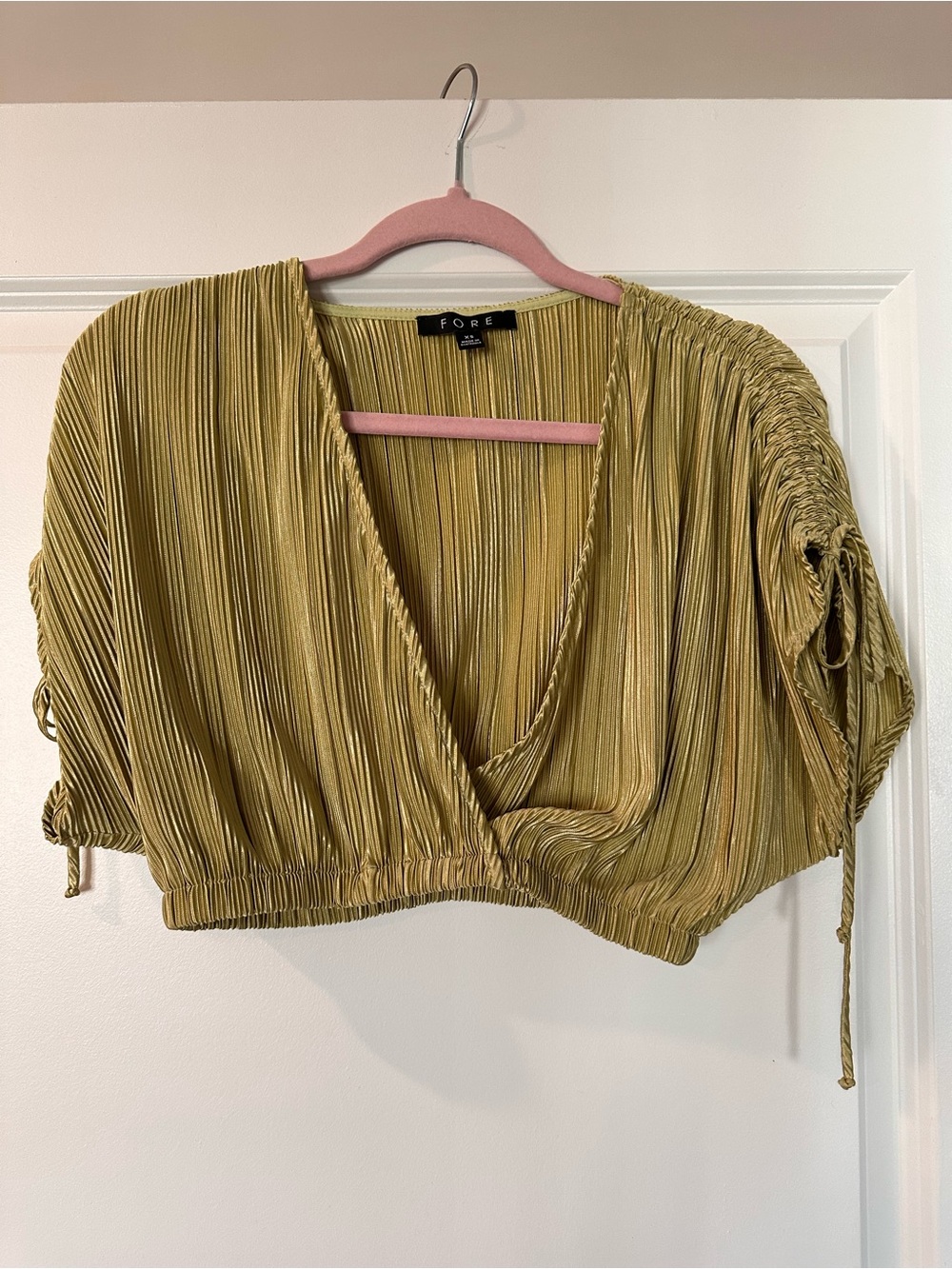 Olive-Gold Plissé Wrap Crop Top